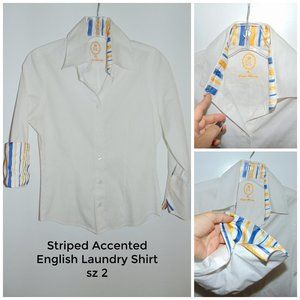 WOMEN'S ENGLISH LAUNDRY White BUTTON UP BLOUSE Striped Cuffs SHIRT size 2 Top